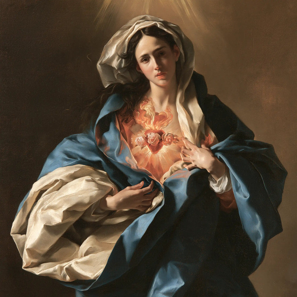 the Immaculate Heart of Mary in a theatrical Baroque scene in Theatrical Baroque style, square Christian artwork no. 9