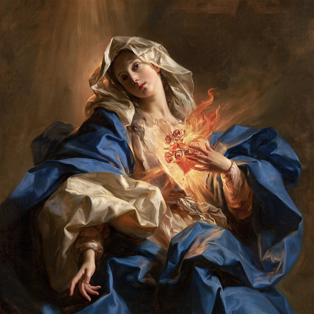 the Immaculate Heart of Mary in a theatrical Baroque scene in Theatrical Baroque style, square Christian artwork no. 10