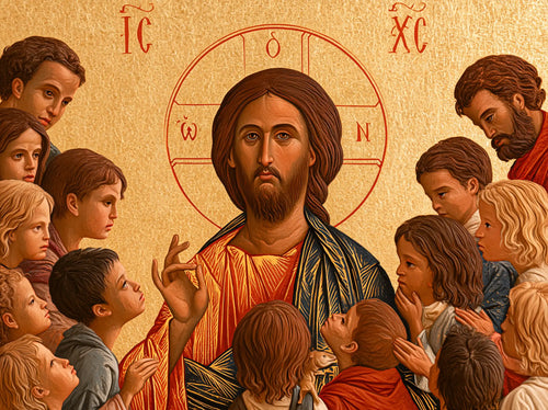 Jesus and the children in a contemporary Byzantine icon in Contemporary Byzantine style, landscape Christian artwork no. 6