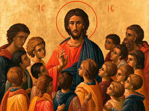 Jesus and the children in a contemporary Byzantine icon in Contemporary Byzantine style, landscape Christian artwork no. 7