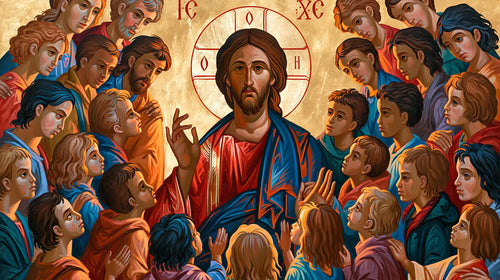 Jesus and the children in a contemporary Byzantine icon in Contemporary Byzantine style, landscape Christian artwork no. 10