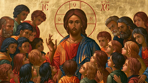 Jesus and the children in a contemporary Byzantine icon in Contemporary Byzantine style, landscape Christian artwork no. 13