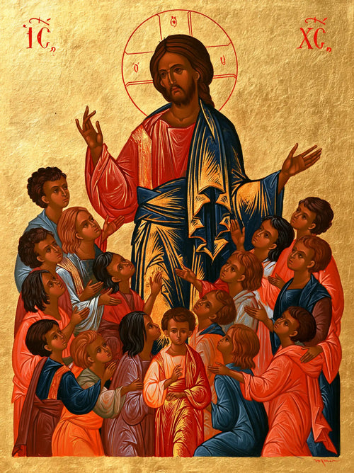 Jesus and the children in a contemporary Byzantine icon in Contemporary Byzantine style, portrait Christian artwork no. 13