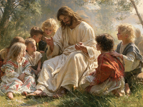 Jesus with children in Florentine Renaissance style in Florentine Renaissance style, landscape Christian artwork no. 3