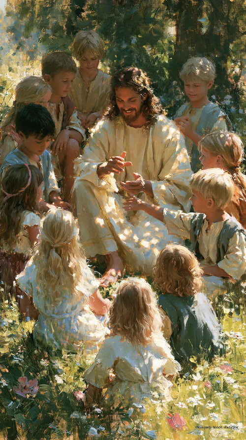 Jesus with children in an impressionist atmosphere in Impressionist style, portrait Christian artwork no. 4