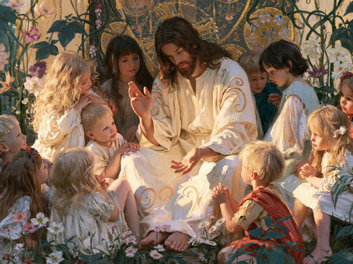 Jesus and the children framed by sacred Art Nouveau ornament in Sacred Art Nouveau style, landscape Christian artwork no. 5