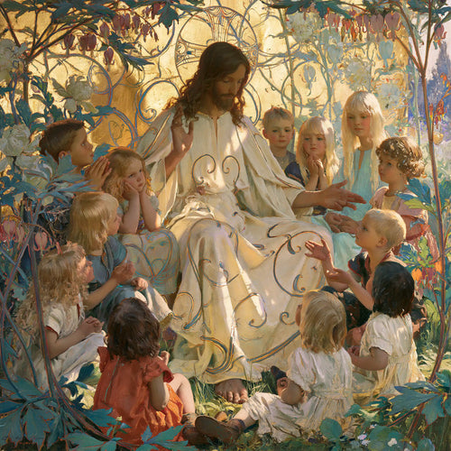 Jesus and the children framed by sacred Art Nouveau ornament in Sacred Art Nouveau style, square Christian artwork no. 3