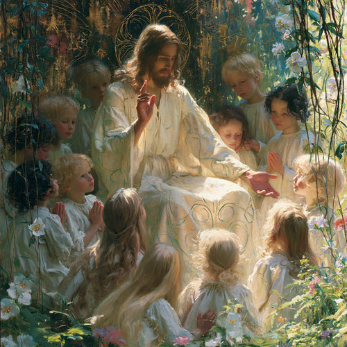 Jesus and the children framed by sacred Art Nouveau ornament in Sacred Art Nouveau style, square Christian artwork no. 6