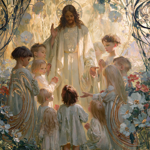 Jesus and the children framed by sacred Art Nouveau ornament in Sacred Art Nouveau style, square Christian artwork no. 8