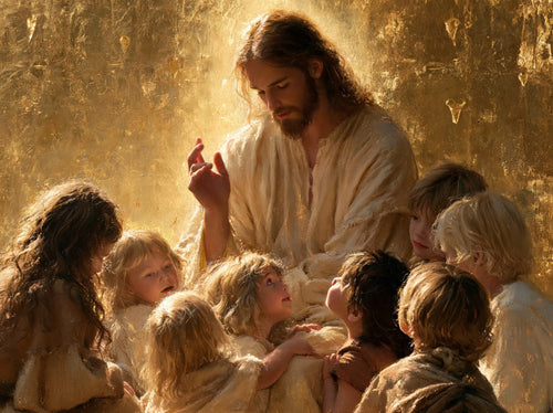 Jesus welcoming children in radiant golden light in Sacred Gold style, landscape Christian artwork no. 7