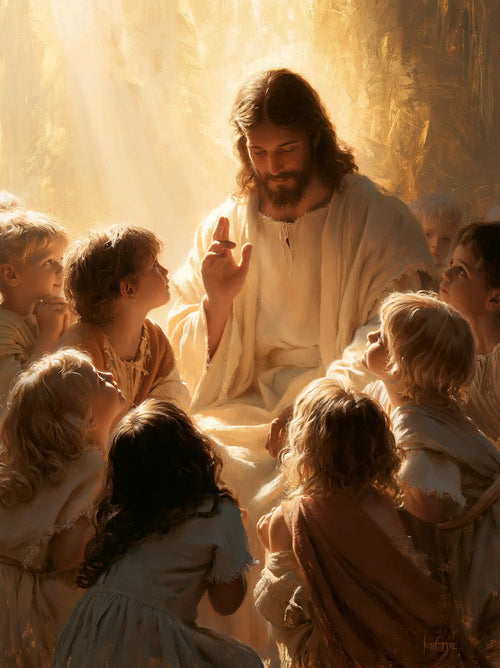 Jesus welcoming children in radiant golden light in Sacred Gold style, portrait Christian artwork no. 11