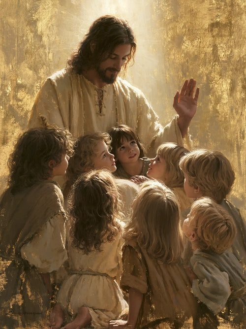 Jesus welcoming children in radiant golden light in Sacred Gold style, portrait Christian artwork no. 12
