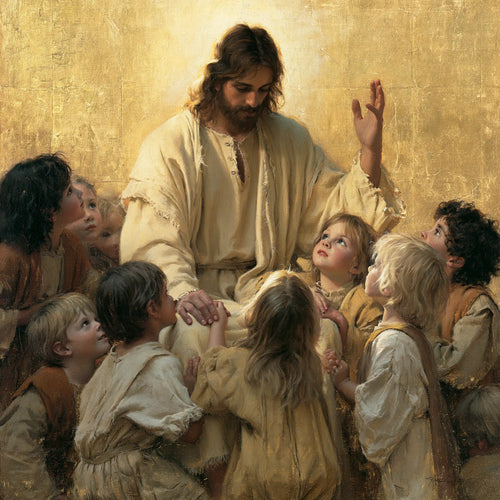 Jesus welcoming children in radiant golden light in Sacred Gold style, square Christian artwork no. 1