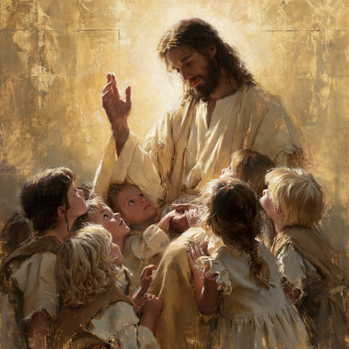 Jesus welcoming children in radiant golden light in Sacred Gold style, square Christian artwork no. 4