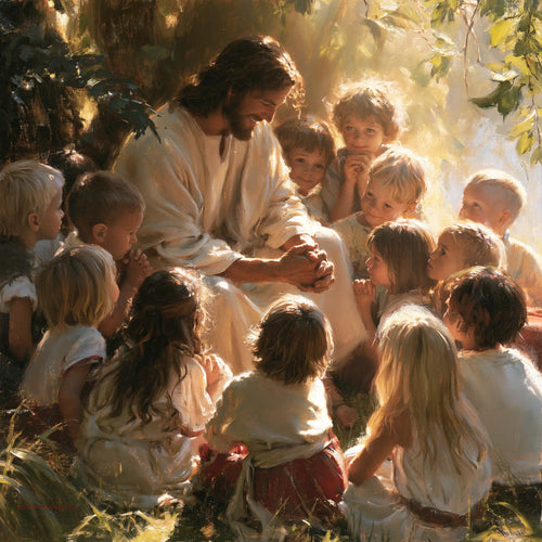 Jesus with children in a meditation on sacred innocence in Innocence as a Sacred Symbol style, square Christian artwork no. 4