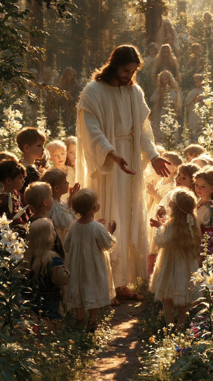 Jesus and the Children — The Tall Presence on the Shaded Path