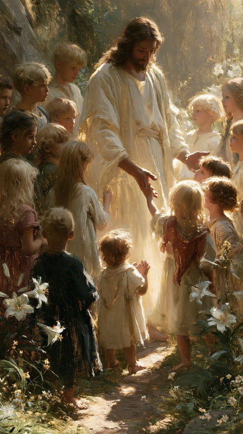 Jesus and the children in a symbolist composition in Symbolist style, portrait Christian artwork no. 3