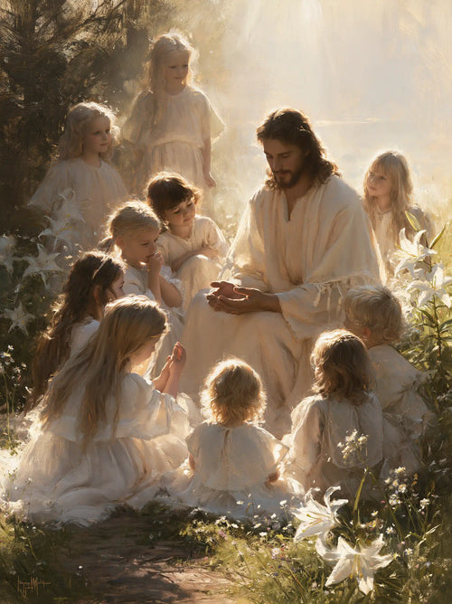 Jesus and the children in a symbolist composition in Symbolist style, portrait Christian artwork no. 15