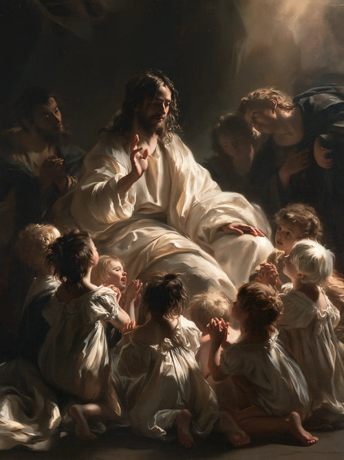 Jesus welcoming children in a theatrical Baroque scene in Theatrical Baroque style, portrait Christian artwork no. 8