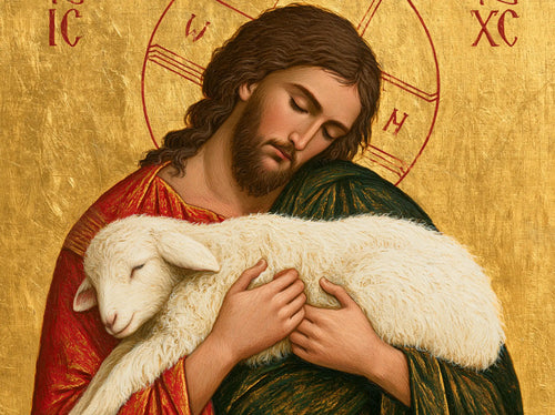Jesus and the lamb in a contemporary Byzantine icon in Contemporary Byzantine style, landscape Christian artwork no. 1