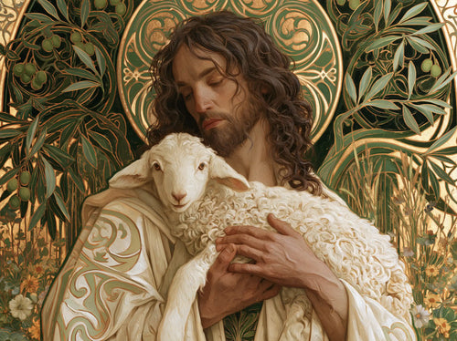 Jesus and the lamb framed by sacred Art Nouveau ornament in Sacred Art Nouveau style, landscape Christian artwork no. 3