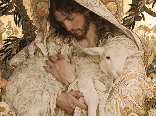 Jesus and the lamb framed by sacred Art Nouveau ornament in Sacred Art Nouveau style, landscape Christian artwork no. 6