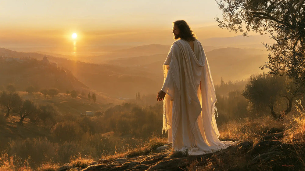 Jesus walking along a hillside at sunset in Sacred Silence style, landscape Christian artwork no. 3