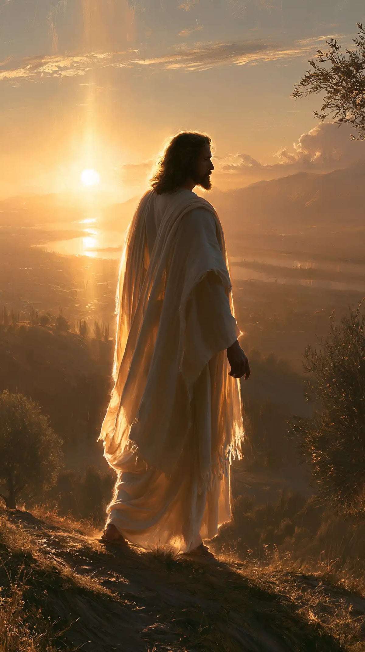 Jesus walking along a hillside at sunset in Sacred Silence style, portrait Christian artwork no. 7