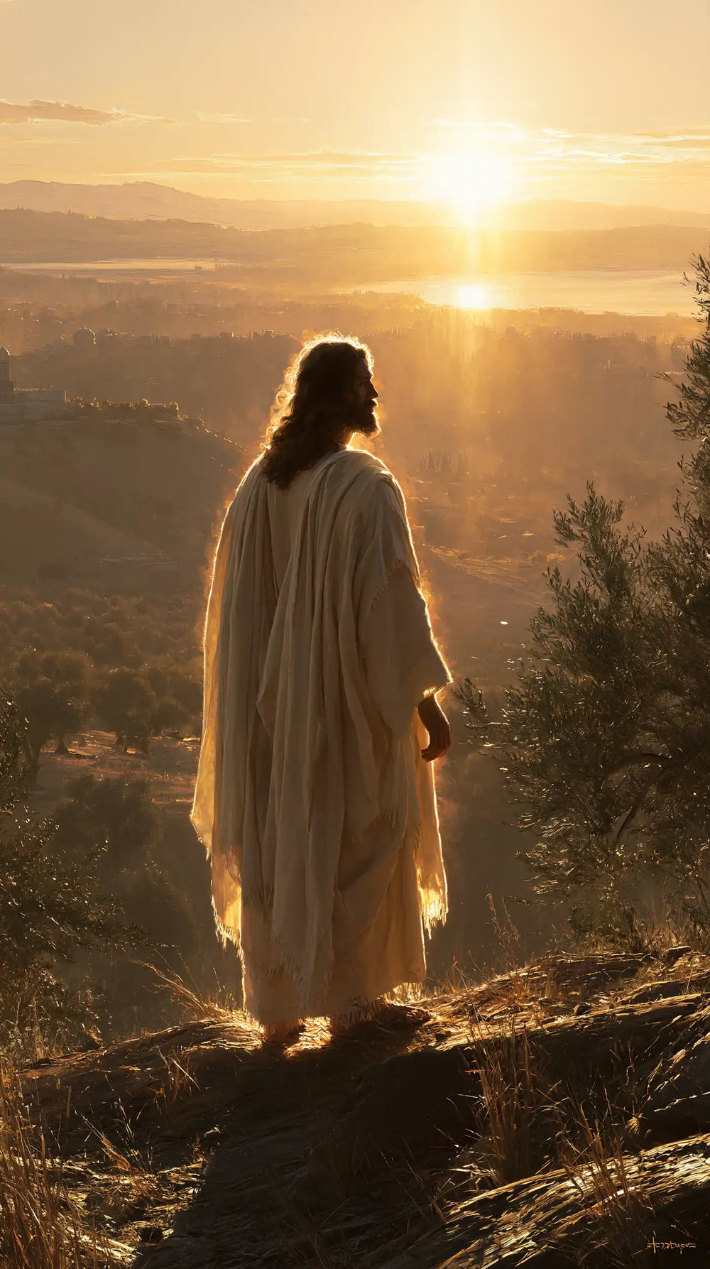 Jesus walking along a hillside at sunset in Sacred Silence style, portrait Christian artwork no. 9