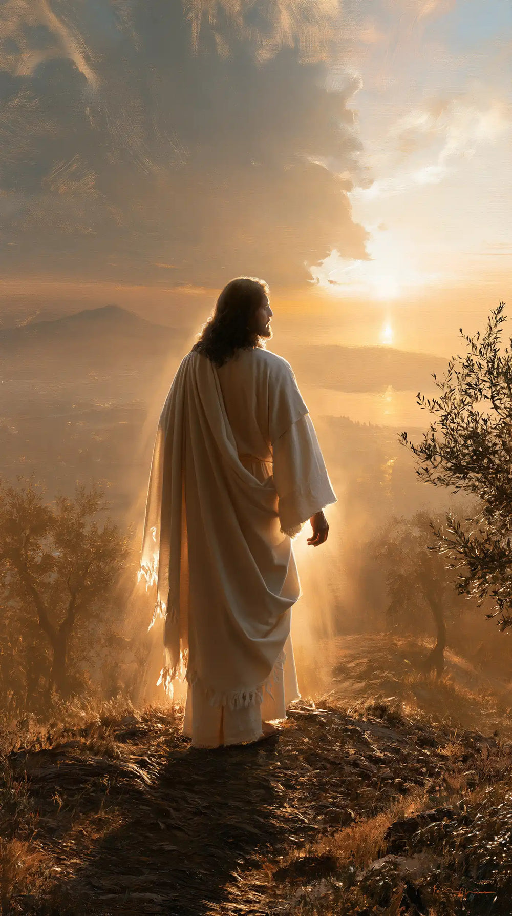 Jesus walking along a hillside at sunset in Sacred Silence style, portrait Christian artwork no. 13