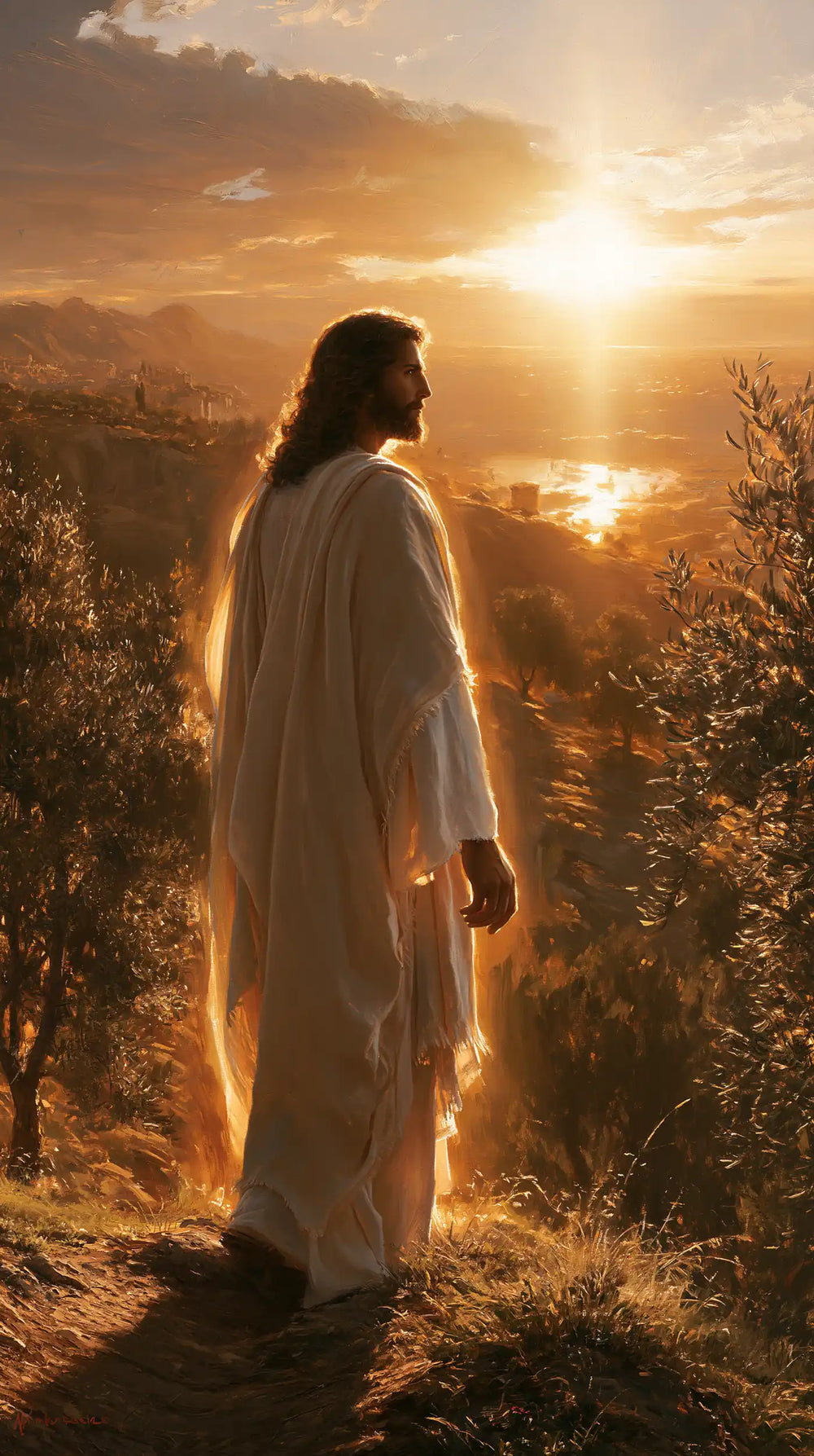 Jesus walking along a hillside at sunset in Sacred Silence style, portrait Christian artwork no. 15