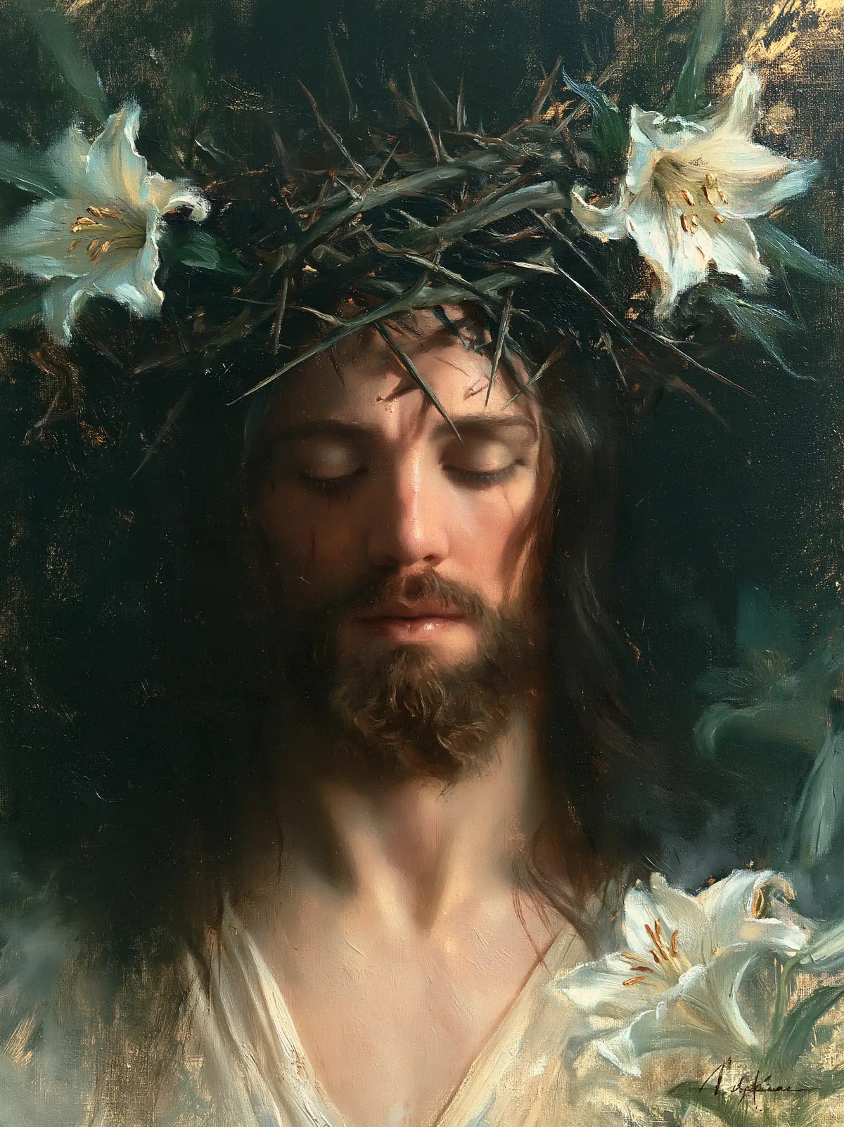 Jesus Crowned with Thorns — Contemplation beneath Two Lilies