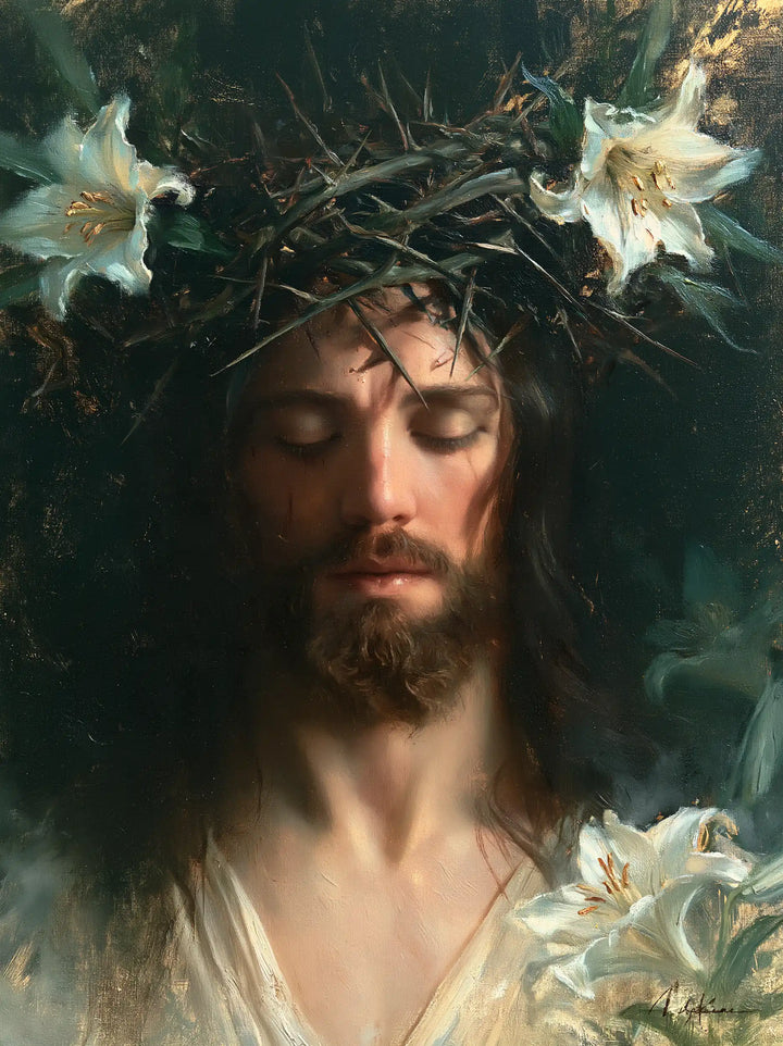 Jesus Crowned with Thorns — Contemplation beneath Two Lilies