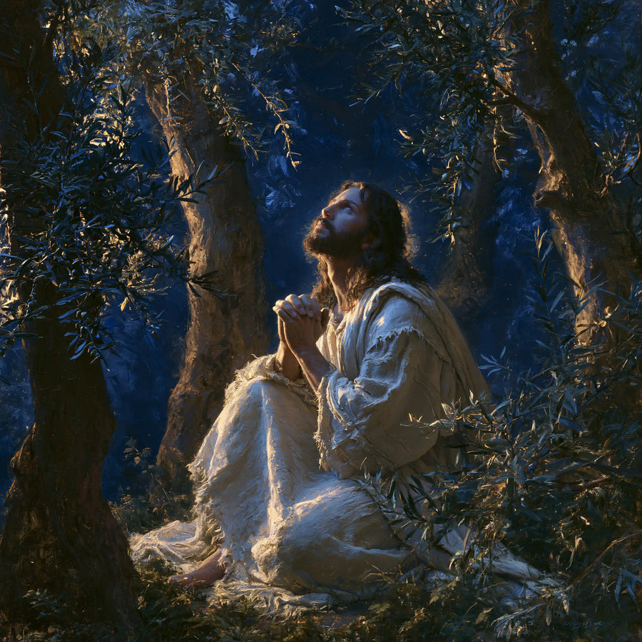 Jesus in Gethsemane — White Gathered beneath the Blue Veil