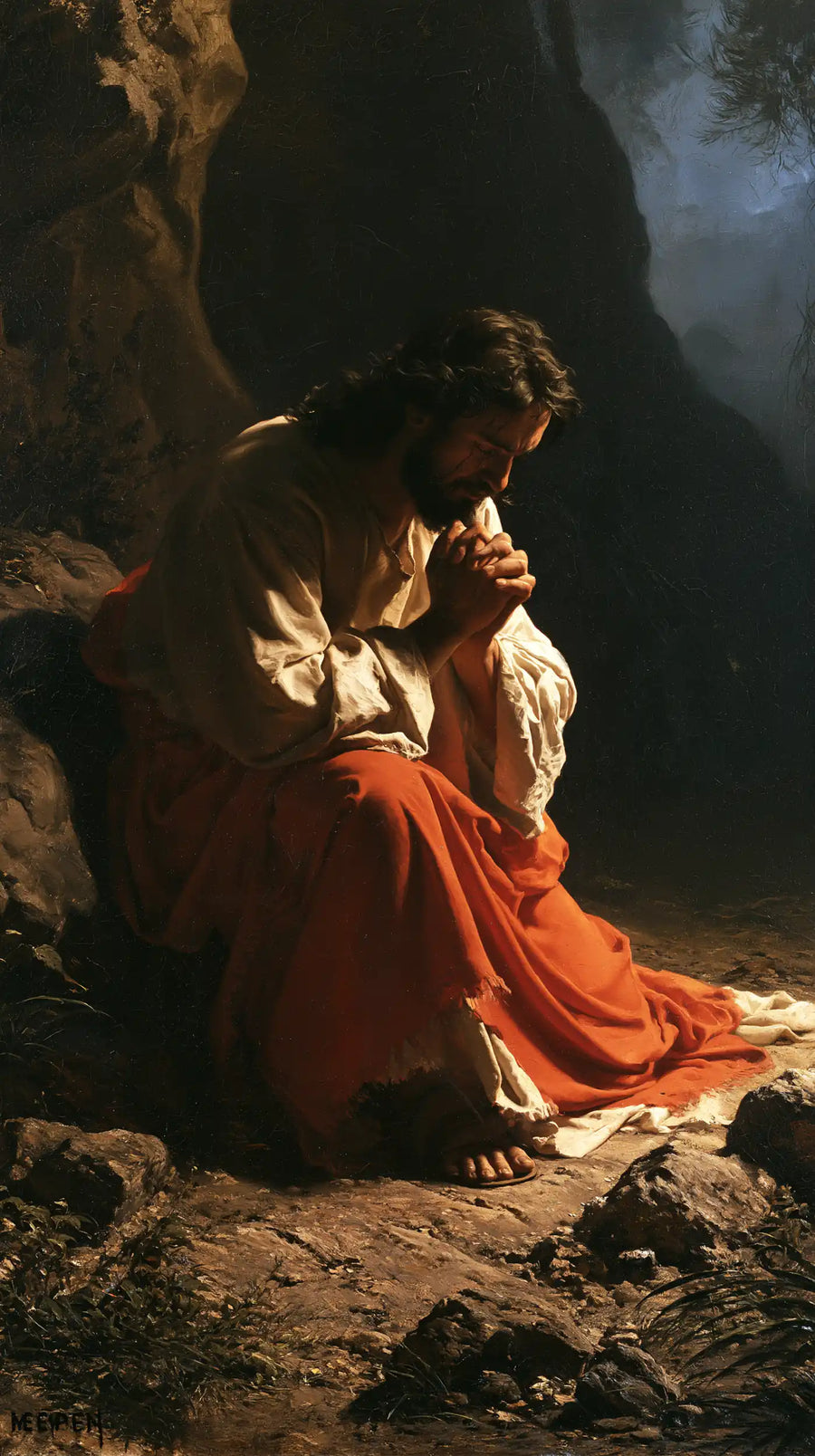 Jesus in Gethsemane — Red against the Rock’s Shadow