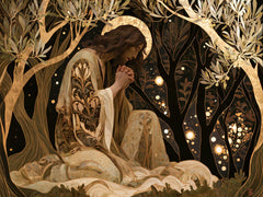 Jesus in Gethsemane — Prayer Embroidered with Pale Leaves
