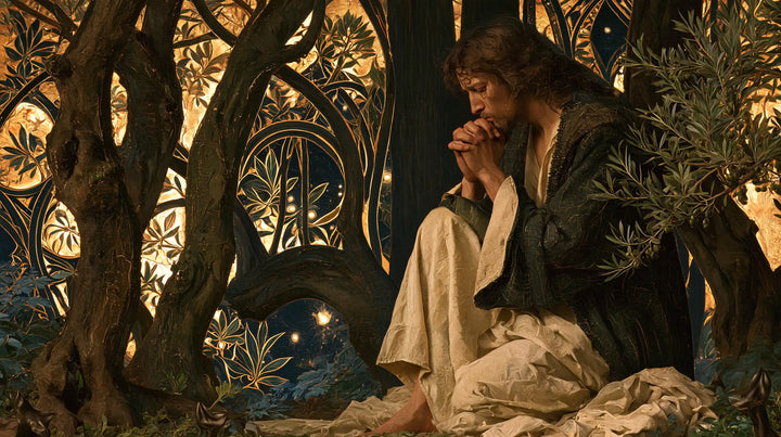 Jesus in Gethsemane — Prayer beneath Wooden Arches
