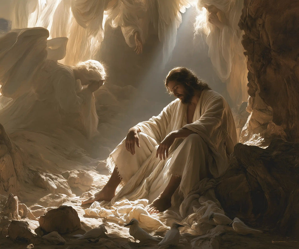 angels ministering to Jesus after the temptation in Angels After the Temptation style, landscape Christian artwork no. 5