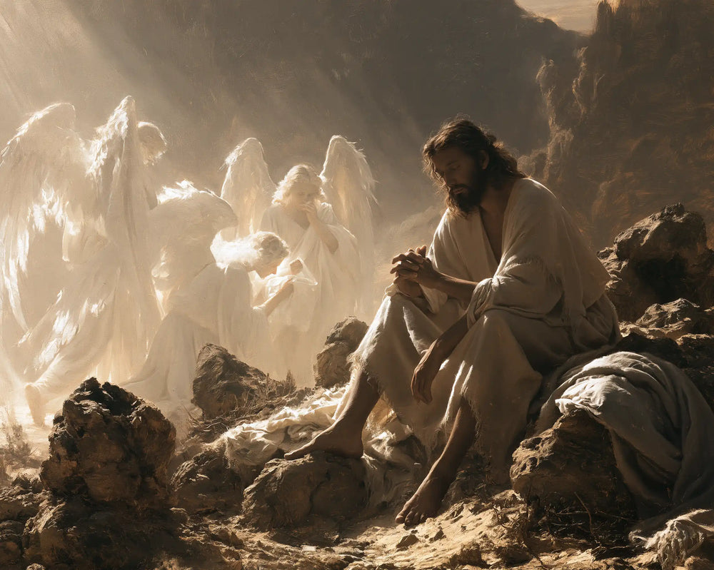 angels ministering to Jesus after the temptation in Angels After the Temptation style, landscape Christian artwork no. 7