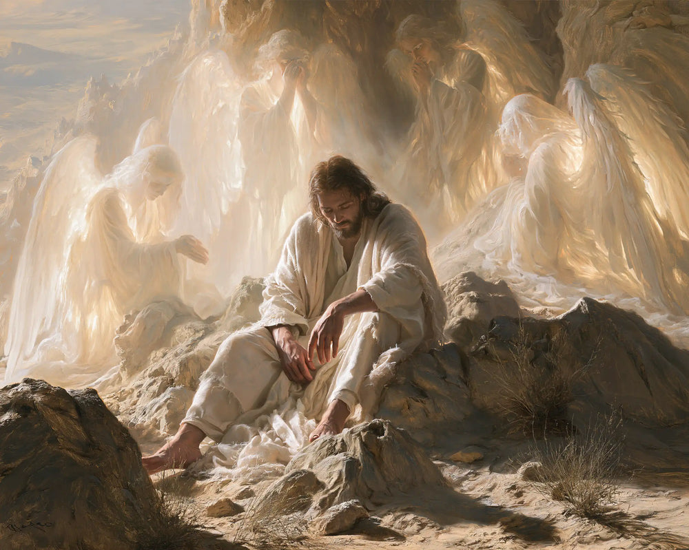 angels ministering to Jesus after the temptation in Angels After the Temptation style, landscape Christian artwork no. 8