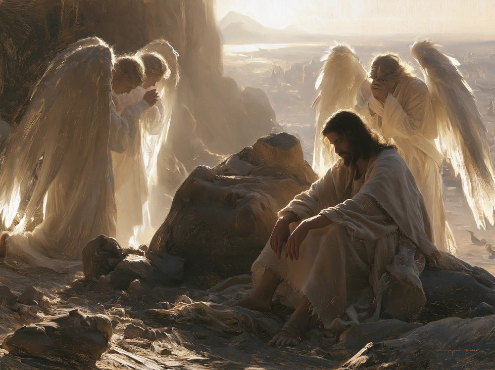 angels ministering to Jesus after the temptation in Angels After the Temptation style, landscape Christian artwork no. 13