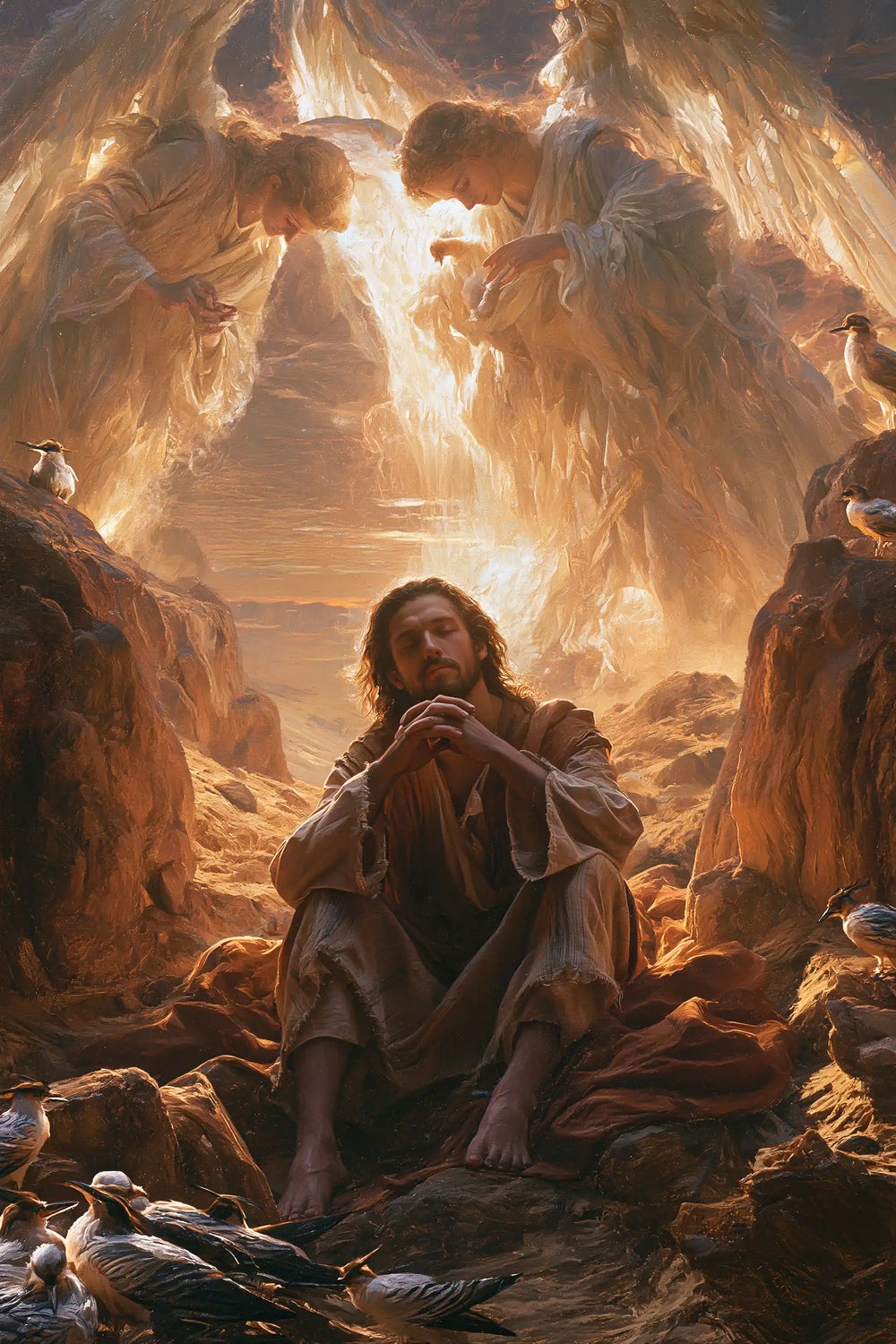 angels ministering to Jesus after the temptation in Angels After the Temptation style, portrait Christian artwork no. 30