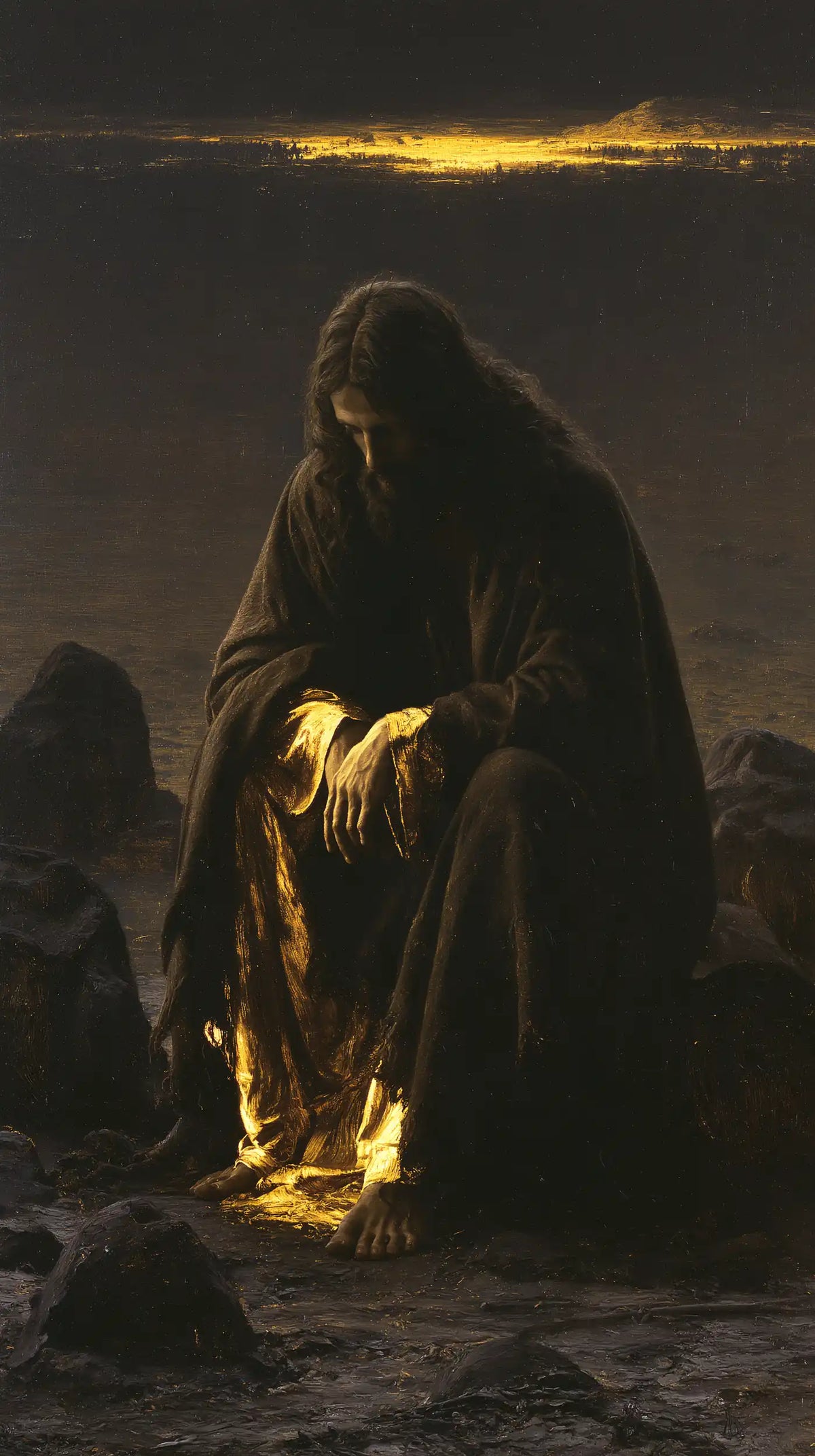 Jesus in the desert during the temptation in Black and Gold style, portrait Christian artwork no. 6