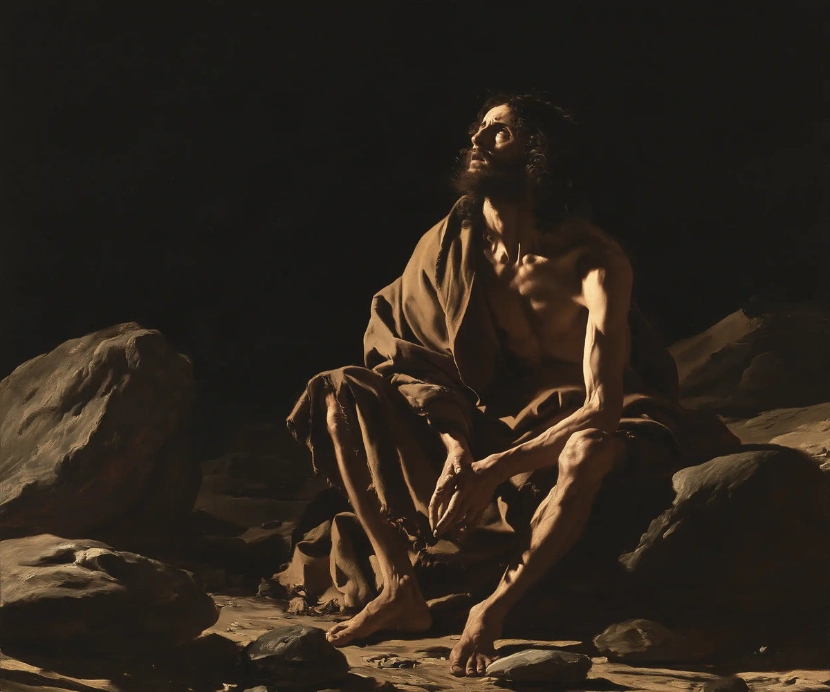 Jesus in the desert during the temptation in Caravaggio Tenebrism style, landscape Christian artwork no. 1