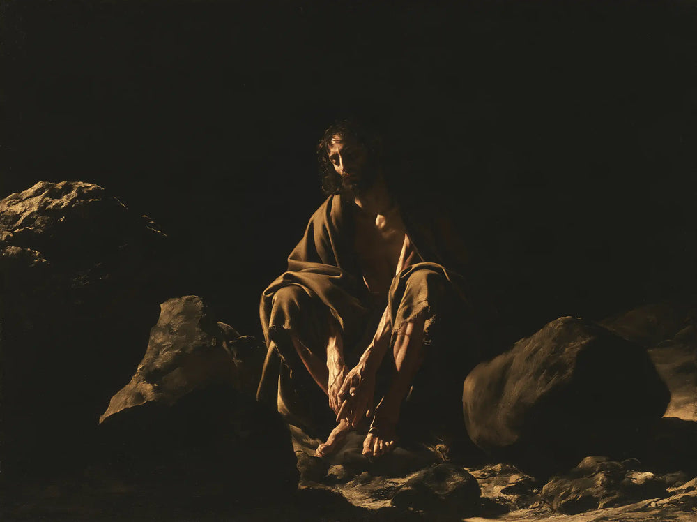 Jesus in the desert during the temptation in Caravaggio Tenebrism style, landscape Christian artwork no. 8
