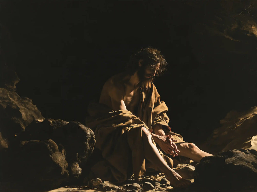 Jesus in the desert during the temptation in Caravaggio Tenebrism style, landscape Christian artwork no. 10