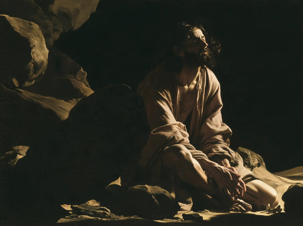 Jesus in the desert during the temptation in Caravaggio Tenebrism style, landscape Christian artwork no. 14