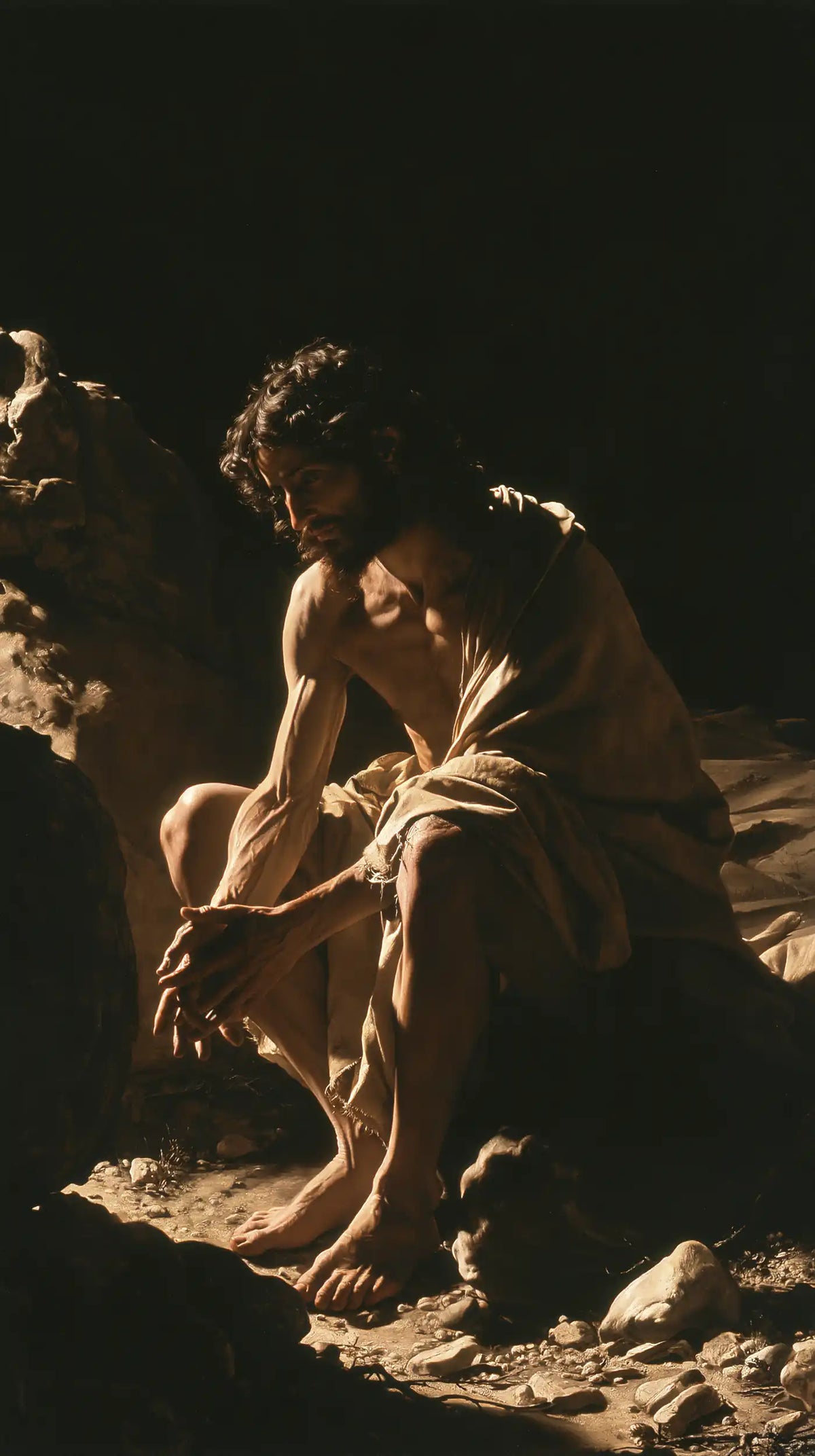 Jesus in the desert during the temptation in Caravaggio Tenebrism style, portrait Christian artwork no. 1