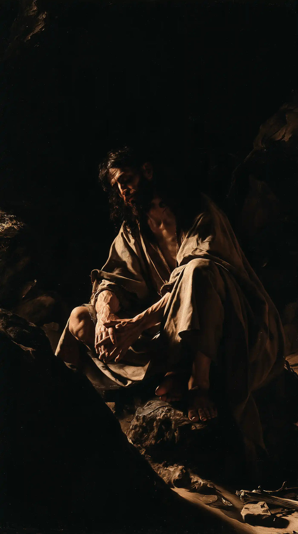 Jesus in the desert during the temptation in Caravaggio Tenebrism style, portrait Christian artwork no. 5