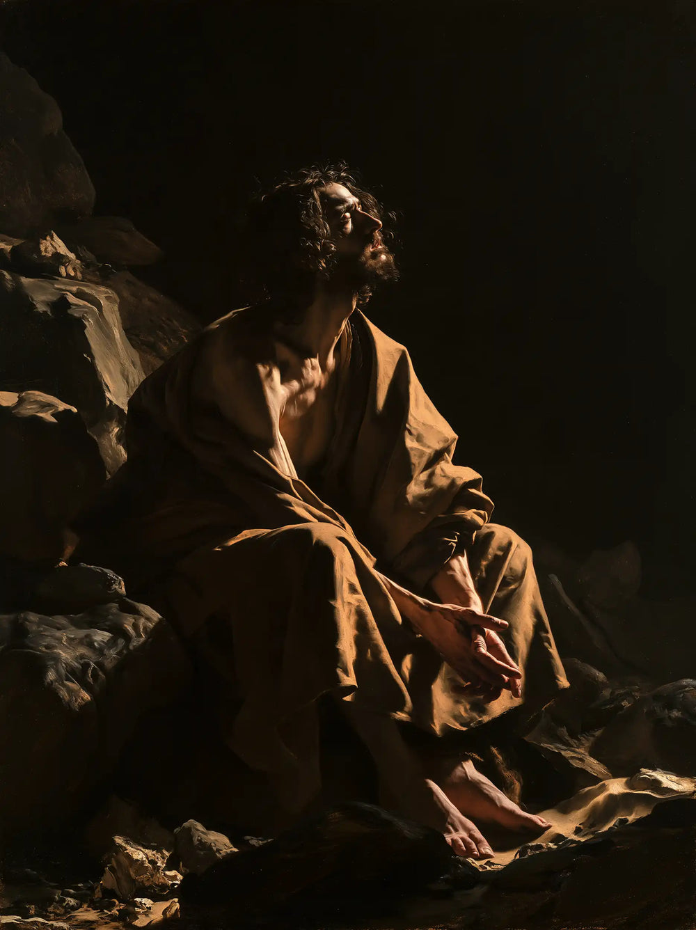 Jesus in the desert during the temptation in Caravaggio Tenebrism style, portrait Christian artwork no. 18